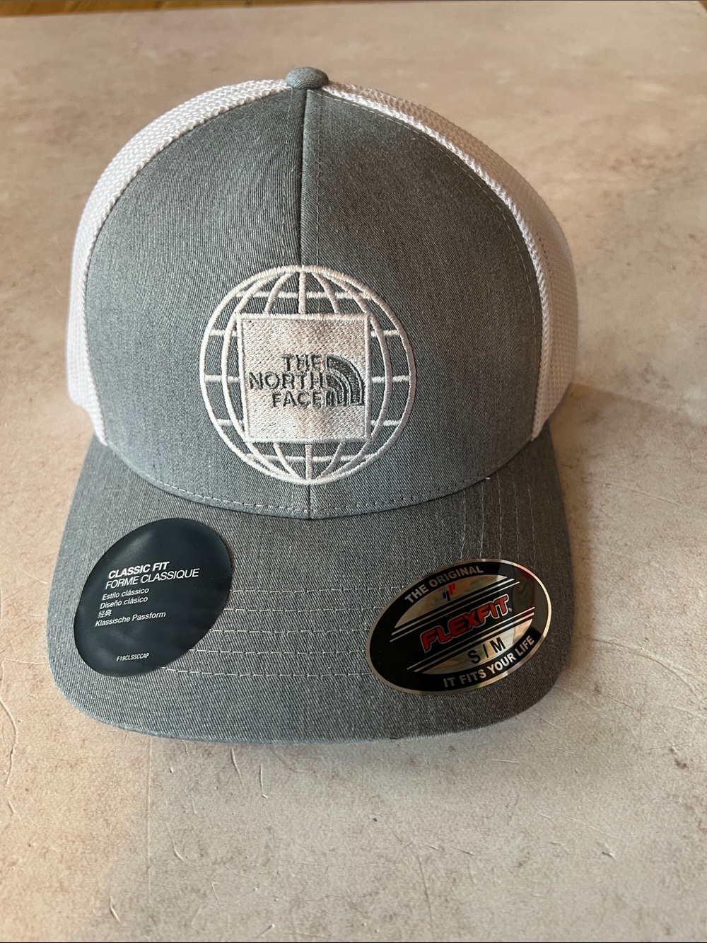The North Face Grey & White Trucker Hat with Globe Logo Sizes S/M and L/XL